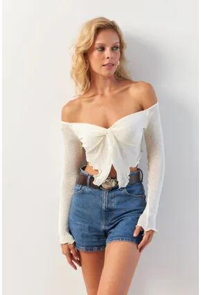 Kadın Ekru Büzgülü File Bluz OW146