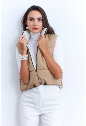 Kadın Ekru-Camel Çift Taraflı Şişme Kısa Yelek MX12