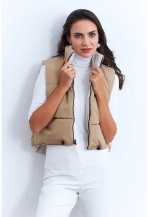 Kadın Ekru-Camel Çift Taraflı Şişme Kısa Yelek MX12