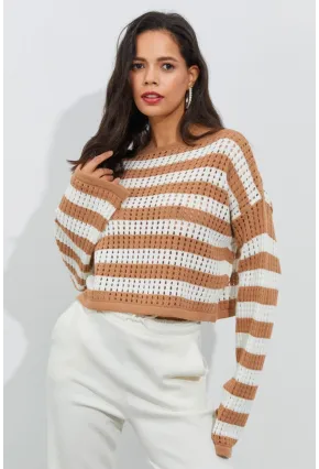 Kadın Ekru-Camel İspanyol Kol Ajurlu Triko Kısa Bluz YV109