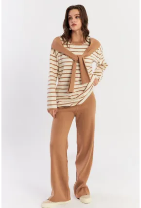 Kadın Ekru-Camel Şal Aksesuarlı Alt Üst Triko Takım NUV40