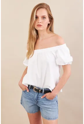 Kadın Ekru Carmen Yaka Balon Kol Bluz SAN106