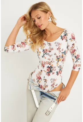 Kadın Ekru Çiçek Desenli Çıtçıtlı Body RK40