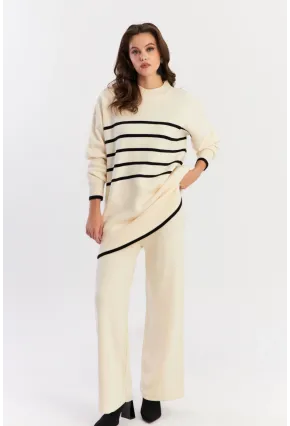 Kadın Ekru Çizgili Alt Üst Triko Takım NUV1069