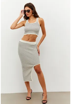 Kadın Ekru Çizgili Yırtmaçlı Alt Üst Takım KZ2468