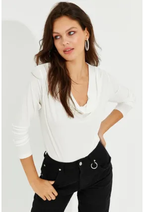 Kadın Ekru Degaje Yaka Bluz LPP1234