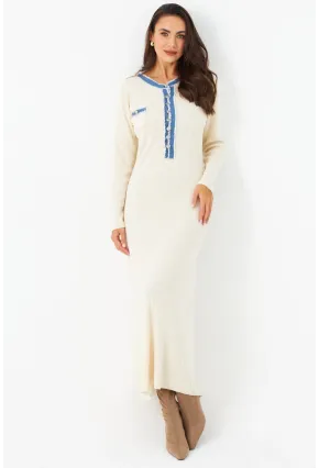 Kadın Ekru Denim Detaylı Maxi Elbise MQAS200