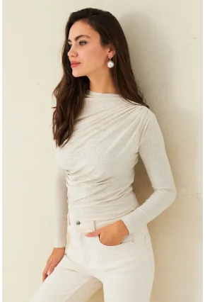 Kadın Ekru Desenli Büzgülü Bluz LPP1279