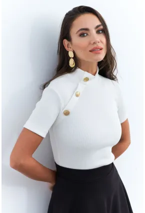 Kadın Ekru Düğme Aksesuarlı Kaşkorse Bluz EY2560