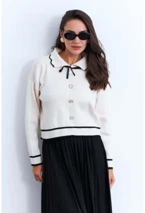 Kadın Ekru Düğme Aksesuarlı Kazak MCNG802
