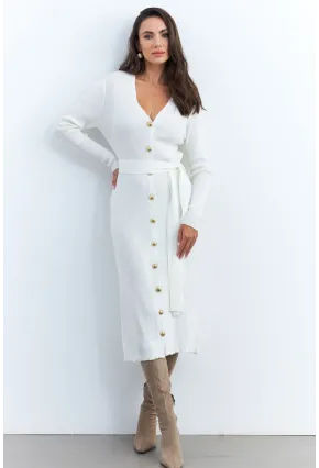 Kadın Ekru Düğme Detaylı Kuşaklı Midi Elbise MŞ1
