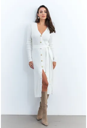 Kadın Ekru Düğme Detaylı Kuşaklı Midi Elbise MŞ1