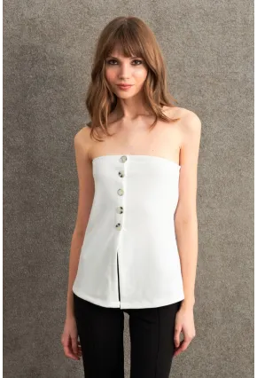 Kadın Ekru Düğme Detaylı Straplez Bluz CY355