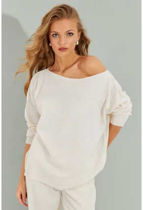 Kadın Ekru Düşük Omuz Triko Bluz YZ617