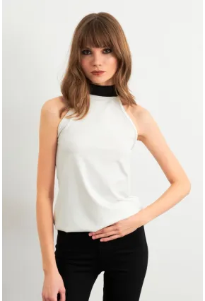 Kadın Ekru Fiyonklu Pencereli Kolsuz Bluz EY3042