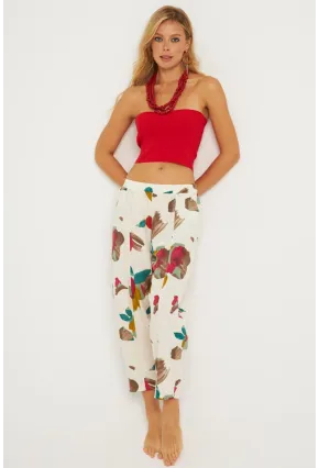 Kadın Ekru-Fuşya Desenli Keten Şalvar Pantolon K1253