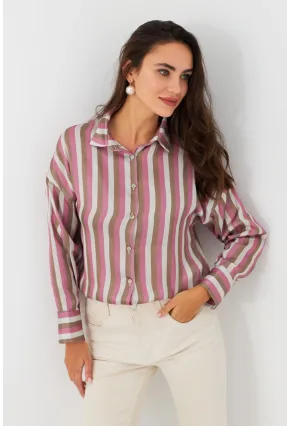 Kadın Ekru-Fuşya Desenli Saten Gömlek MSHR500