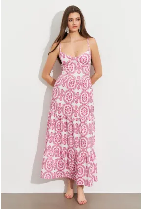 Kadın Ekru-Fuşya Sırt Dekolteli Desenli Maxi Elbise LİT110