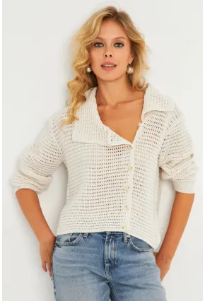 Kadın Ekru Geniş Yakalı Triko Hırka MİW4571