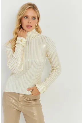 Kadın Ekru-Gold Düğme Detaylı Varaklı Triko Kazak SF2532