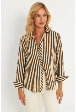 Kadın Ekru-Haki Çizgili Gömlek KED709