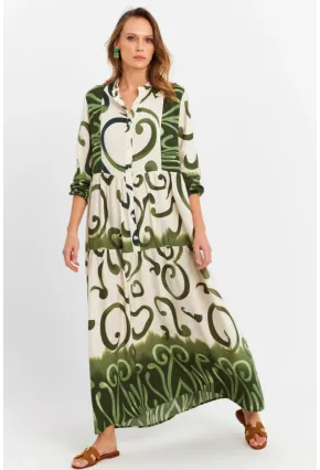 Kadın Ekru-Haki Desenli Salaş Maxi Elbise MASF0020