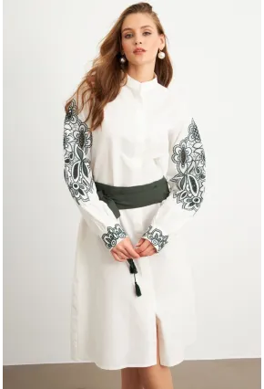 Kadın Ekru-Haki Nakış Detaylı Keten Gömlek Elbise MQS1839-90