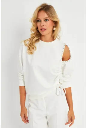 Kadın Ekru İnci Detaylı Büzgülü Sweatshirt RLO04
