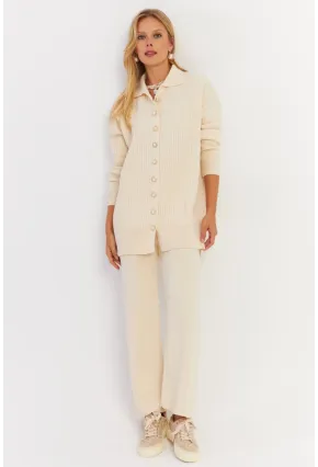 Kadın Ekru İnci Düğmeli Hırka Triko Alt Üst Takım MNUV26