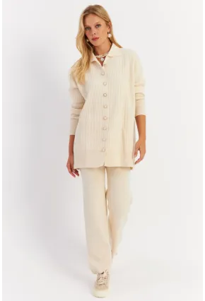 Kadın Ekru İnci Düğmeli Hırka Triko Alt Üst Takım MNUV26