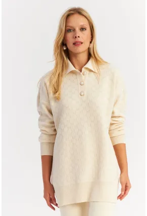 Kadın Ekru İnci Düğmeli Triko Alt Üst Takım NUV33