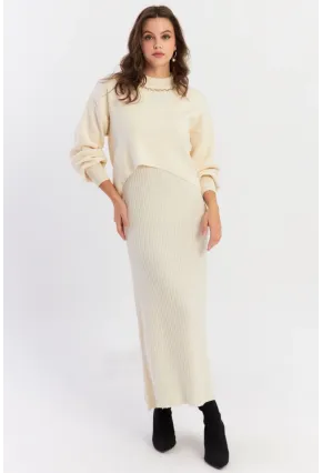 Kadın Ekru İncili Alt Üst Triko Takım NUV37