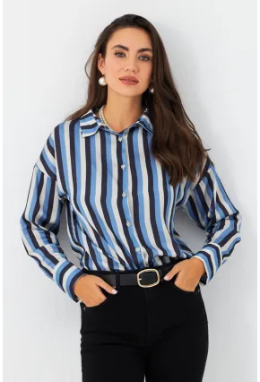 Kadın Ekru-İndigo Desenli Saten Gömlek MSHR500