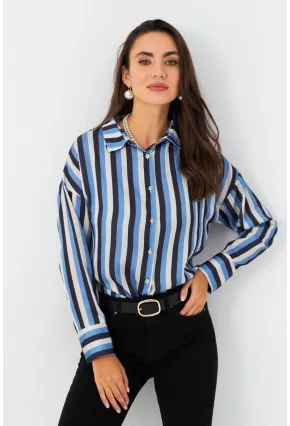 Kadın Ekru-İndigo Desenli Saten Gömlek MSHR500