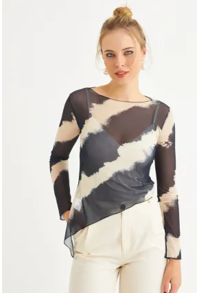 Kadın Ekru-İndigo Desenli Tül Bluz RSP1740