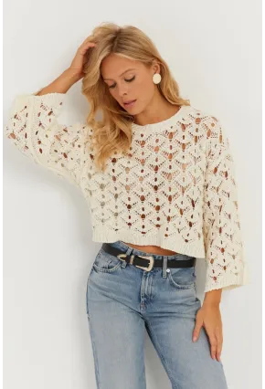 Kadın Ekru İspanyol Kol Ajurlu Triko Bluz MİW0761