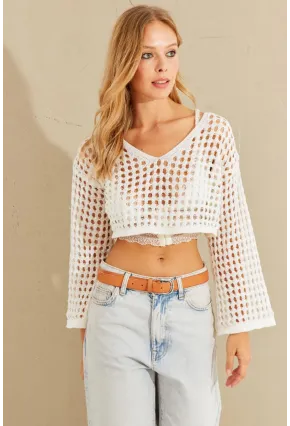 Kadın Ekru İspanyol Kol Ajurlu Triko Bluz YV203