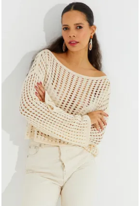 Kadın Ekru İspanyol Kol Ajurlu Triko Kısa Bluz SMT181