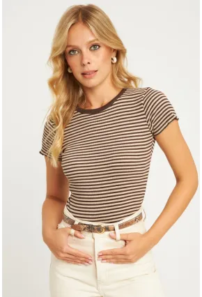 Kadın Ekru-Kahve Çizgili Bluz XL2005
