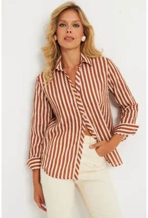 Kadın Ekru-Kahve Çizgili Gömlek KED709
