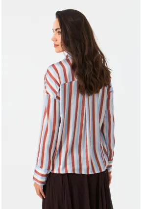 Kadın Ekru-Kahve Çizgili Saten Gömlek SHR9