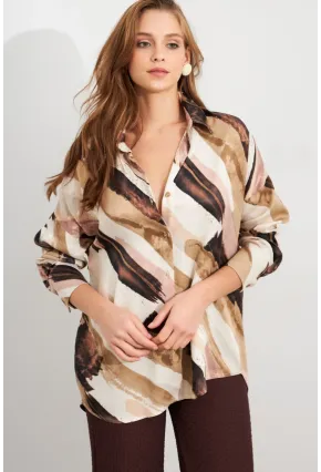 Kadın Ekru-Kahve Desenli Saten Gömlek MCAR1170