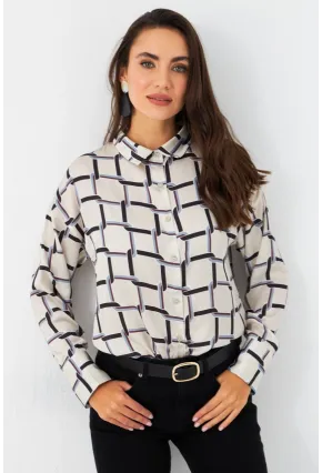 Kadın Ekru-Kahve Desenli Saten Gömlek MSHR500