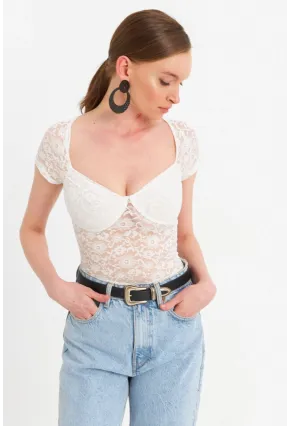 Kadın Ekru Kalp Yaka Tül Crop Bluz TPG05