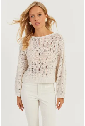 Kadın Ekru Kalpli Ajurlu Triko Bluz MİW3761
