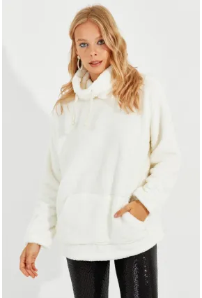 Kadın Ekru Kanguru Cep Peluş Sweatshirt Q978