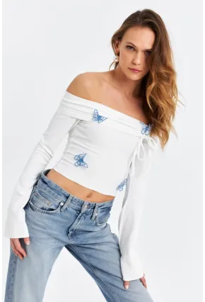 Kadın Ekru Kelebek Detaylı Madonna Yaka Bluz FLU7196