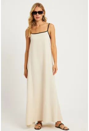 Kadın Ekru Keten Midi Elbise GÇ174