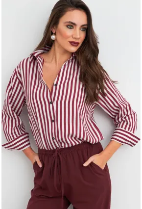 Kadın Ekru-Kiremit Çizgili Salaş Gömlek ELA6932