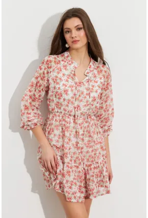 Kadın Ekru-Kırmızı Desenli Şifon Mini Elbise ROP107